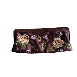 Brown Satin Beaded Flower Zippered Cosmetic Bag